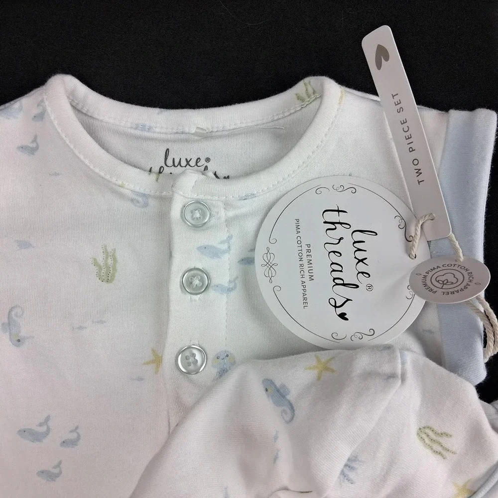 Luxe Threads Baby Boy 2pc Romper Outfit Ocean 6 9 Mos Pima Cotton Soft Hat NWT